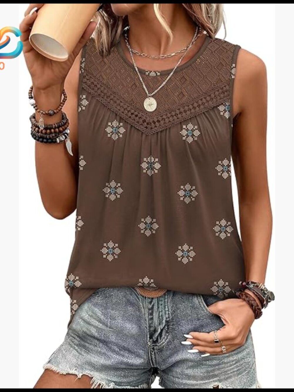 Lace Crochet Boho Tank Top Loose Fit Pleated Tunic Sleeveless Summer